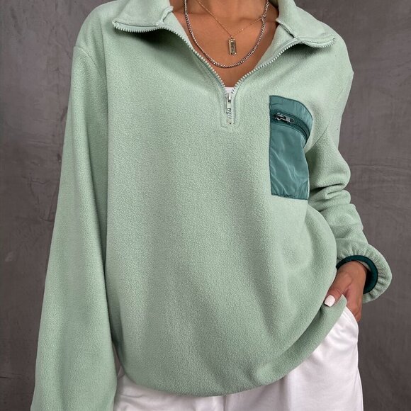 Green Casual Women's Color Block Quarter Zip Lantern Sleeve Pullover - Picture 2 of 5